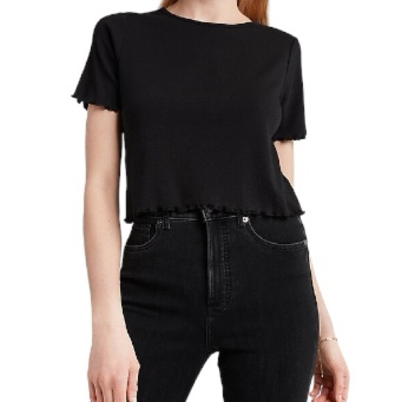 NEW Express Black Cropped Ruffle Trim Open Back Short Sleeve Tee Size Small - Picture 1 of 10